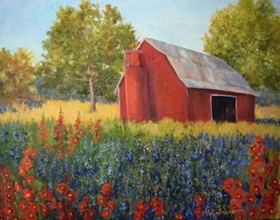 Red Barn and Hollyhocks Canvas Art - Cheri Wollenberg (22 x 28)