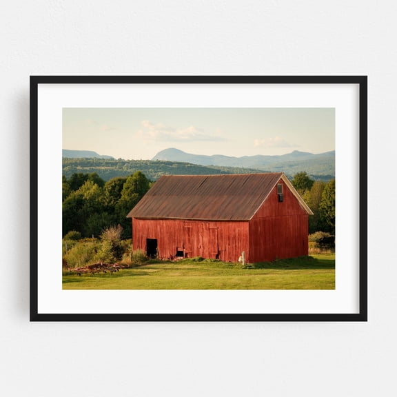 Red Barn in Burke - Burke Vermont Photography Barn Farm Rural Countryside Scenic Landscape Pastoral Black Framed Wall Art Print 16 x 24 inches