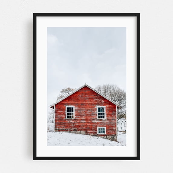 Red Barn in Snow 01 - Glen Rock Pennsylvania Photography Black Framed Wall Art Print 16 x 24 inches