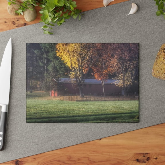 U R There Photography Red Barn on Foggy Fall Morning Rustic Farmhouse Tempered-Glass Cutting Board 8"x 11"