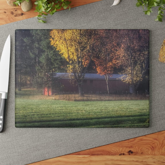 U R There Photography Red Barn on Foggy Fall Morning Rustic Farmhouse Tempered-Glass Cutting Board 11"x 15"