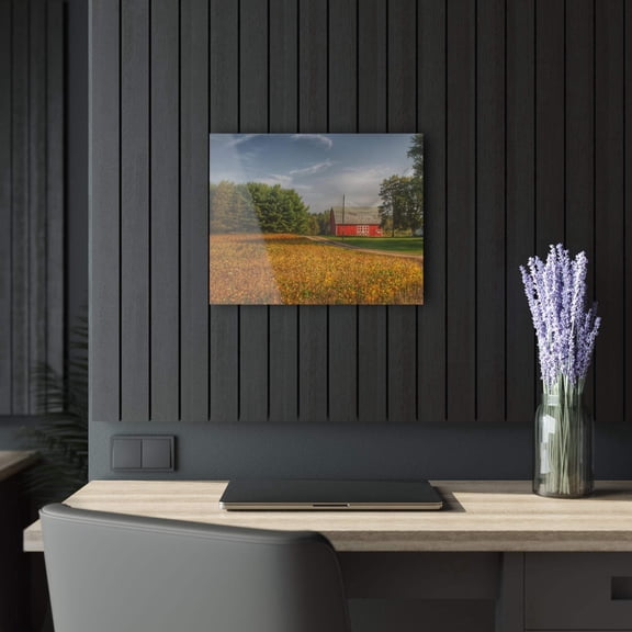 U R There Photography Red Barn on Golden Field Rustic Farmhouse Acrylic Wall Print 20"x16"