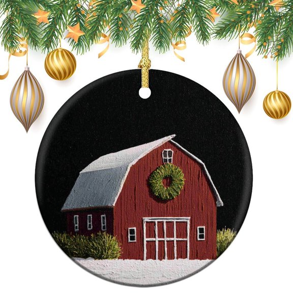 Red Barn with Snow Christmas Ornament Hello Winter Holiday Customized Round Ceramic Ornament Best Gifts for Christmas Holiday Present