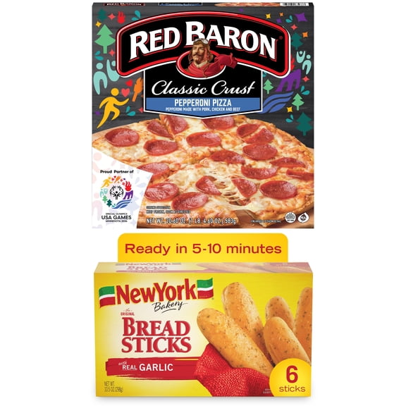 Red Baron Pepperoni Pizza & New York Bakery Garlic Breadsticks Frozen Meal Bundle
