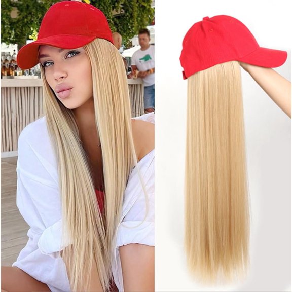 Red Baseball Cap with Attached Long Straight Hair Extension Wig, 22" Long Wavy Hairpieces Adjustable Wig Cap Natural Synthetic Hair Hat for Women Girl