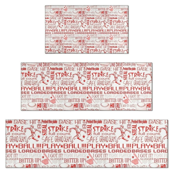 Red Baseball Terms Pattern Kitchen Rugs Sets Of 3,Kitchen Runner Rugs Non Skid Washable,Decorative Kitchen Floor Mats for Kitchen,Sink,Laundry,17"x30"+ 17"x47" + 17"x59"