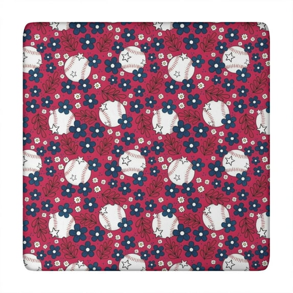 Red Baseballs with Blue Flowers Pattern Square Fitted Tablecloth with Elastic Edge,Square Table Cover,Washable Elastic Table Cover for Home Kitchen Party Decor 34"x34"