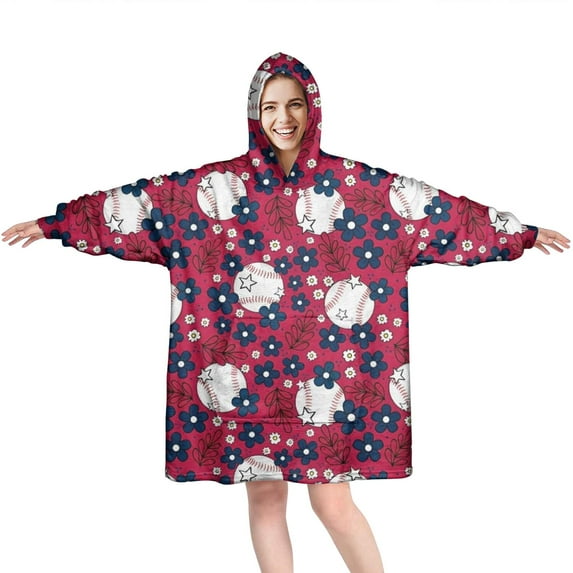 Red Baseballs with Blue Flowers Pattern Wearable Oversized Blanket,Wearable Blanket Hoodie for Adults,Cozy Hooded Blankets with Super Pockets,Super Warm Fuzzy Pullover for Women & Men