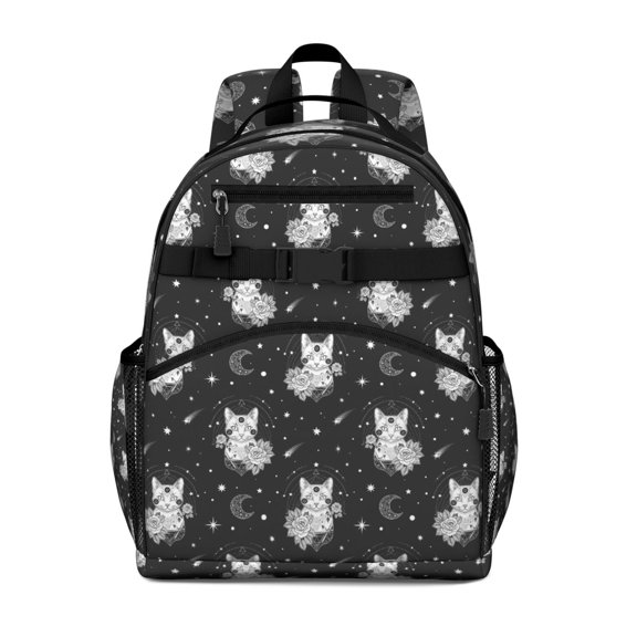 Black White Cat Rose Moon Star Pattern Backpack for School,Cute School Bag,Schoolbag with Adjustable Shoulder Straps & Padded Back,15.25"x11.5"x5.25"