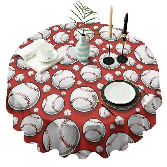 Red Baseballs Pattern Round Tablecloth 60"x60",Wrinkle Wipeable Table Cloth for Kitchen Dining Room Picnic Patio Party