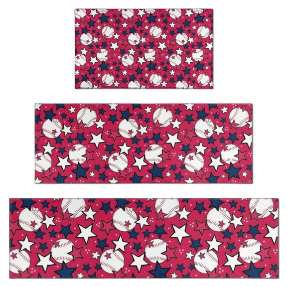 Red Baseballs and Stars Pattern Kitchen Rugs Sets Of 3,Kitchen Runner Rugs Non Skid Washable,Decorative Kitchen Floor Mats for Kitchen,Sink,Laundry,17"x30"+ 17"x47" + 17"x59"