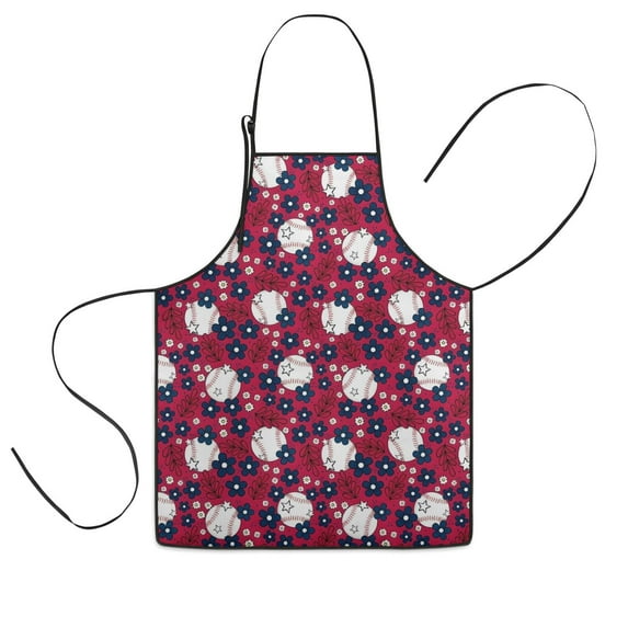 Red Baseballs with Blue Flowers Pattern Kids Aprons for Girls and Boys,Adjustable Neck Strap Toddler Aprons for Kids Cooking Baking