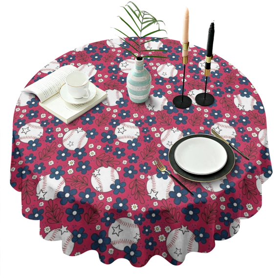Red Baseballs with Blue Flowers Pattern Round Tablecloth 60"x60",Wrinkle Wipeable Table Cloth for Kitchen Dining Room Picnic Patio Party