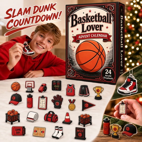 Red Basketball Advent Calendars 2026, 24-Day Basketball Reveal Countdown, 2D Acrylic Flat Red Basketball Emblems Surprise Box, Holiday Present For Basketball Hobby Fans 24pcs