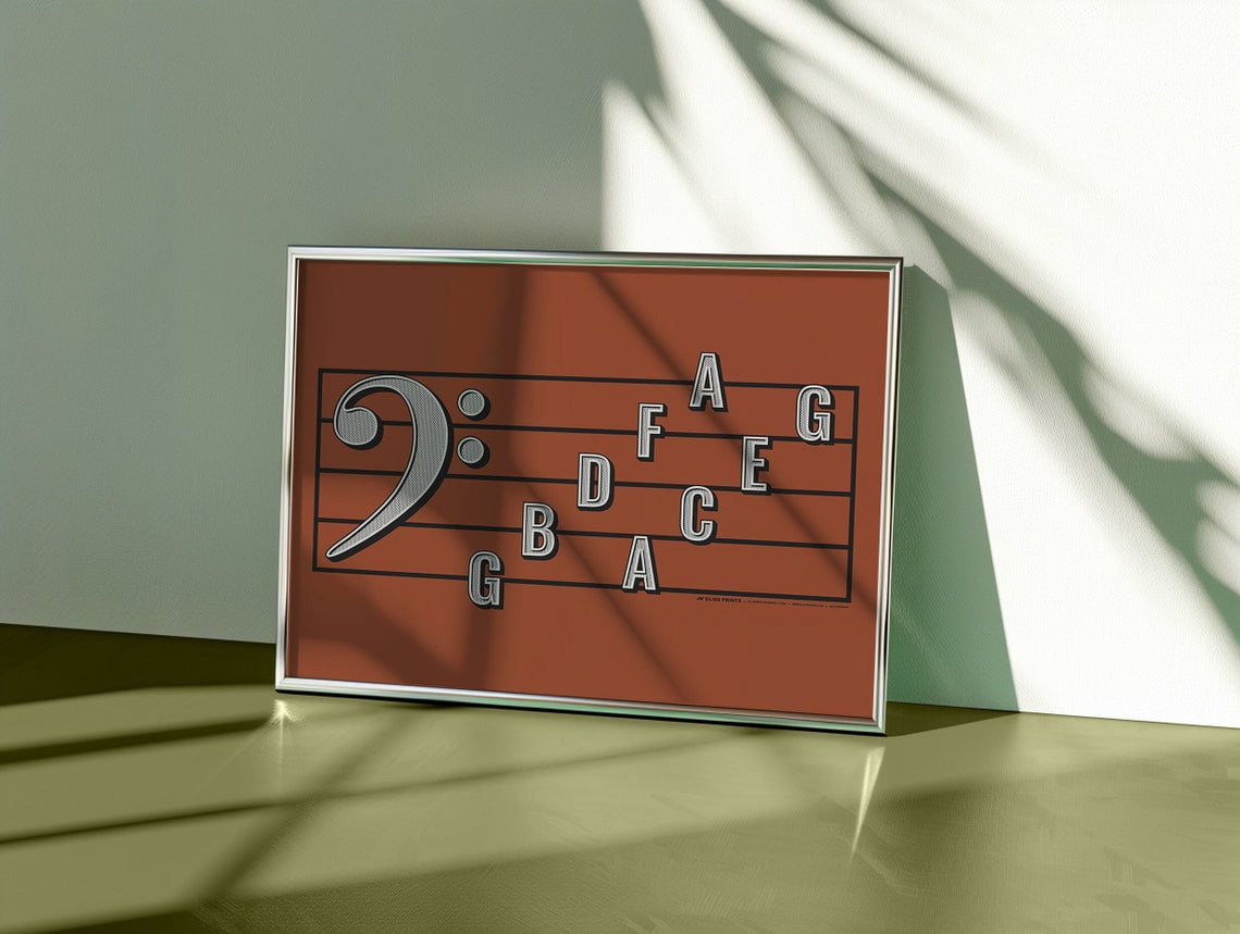 Red Bass Clef Note Names Wall Art Print, Music Education Classroom ...