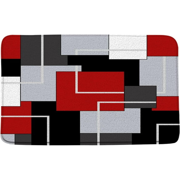 Red Bath Mat Abstract Geometric Orange Black Gray and White Geometry Squares Patchwork Contemporary Fashion Simple Home Bathroom Rugs Bedroom Kitchen Floor Decor 29.5 x 17.7 in