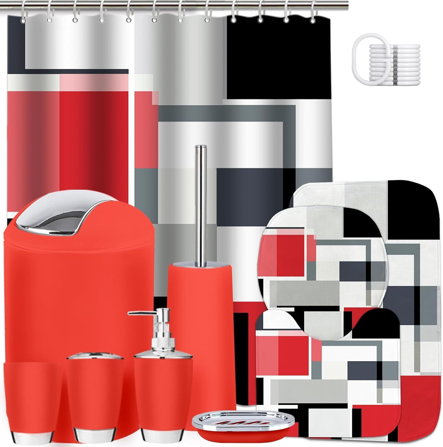 Red Bathroom Set, 23-Piece Red Black Geometric Bathroom Decor Set with ...