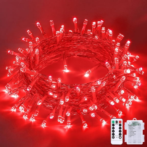 Red Battery Operated Christmas Lights, 33ft 100 LED Battery Fairy String Lights, Twinkle Mini Lights with 8 Modes Remote Indoor Outdoor Waterproof for Christmas Dec.