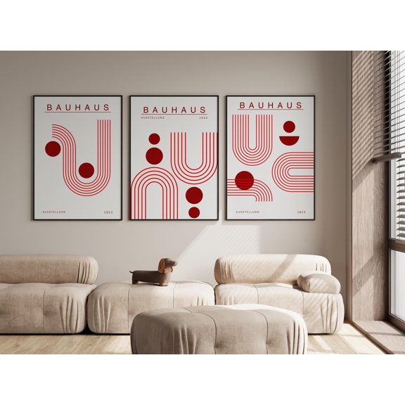 Red Bauhaus Art Print Set Mid-Century Modern Wall Decor Home Decor Office Wall Art Set 3