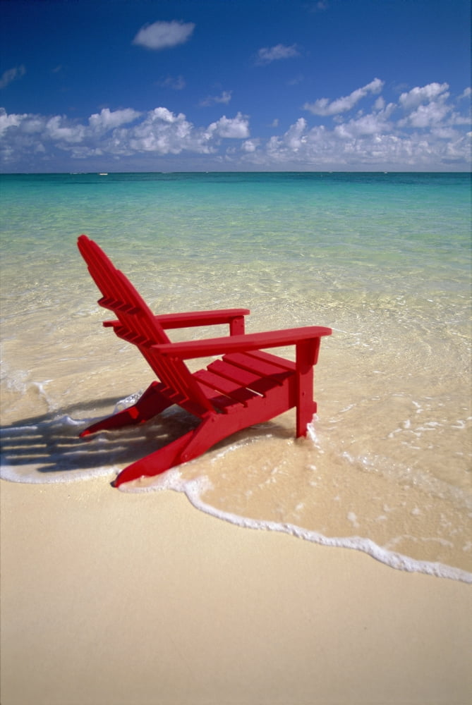 Red Beach Chair Along Shoreline Turquoise Ocean Calm Canvas Art - Dana Edmunds Design Pics (24 x 38)