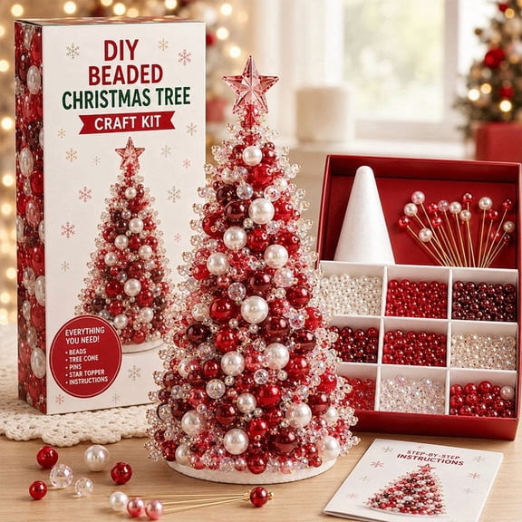 Red Beaded Christmas Tree Diamond Painting Kit Plastic Dreamy Art For Tabletop Holiday Craft Home Decor Lovers