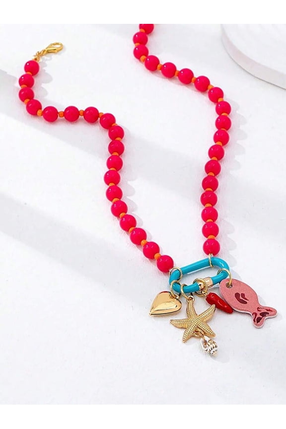 Red Beaded Heart Ocean Charm Necklace With Enamel Fish Starfish And Heart Pendant