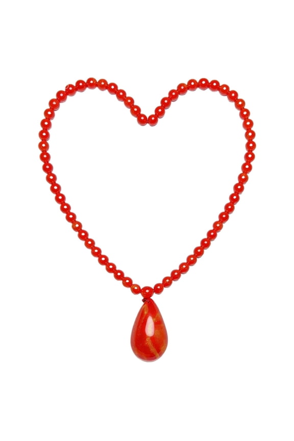 Red Beaded Pendant Necklace, Teardrop Charm, Round Beads, Heart-Shaped Display