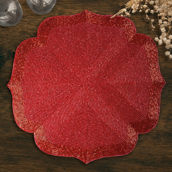 Red Beaded Placemats Set of 2 for Dining Coffee Table Scratch Heat Stain Resistant Charger Kitchen Decor Durable Tablemats - Fall Autumn Thanksgiving Holiday - 13.75 Inches