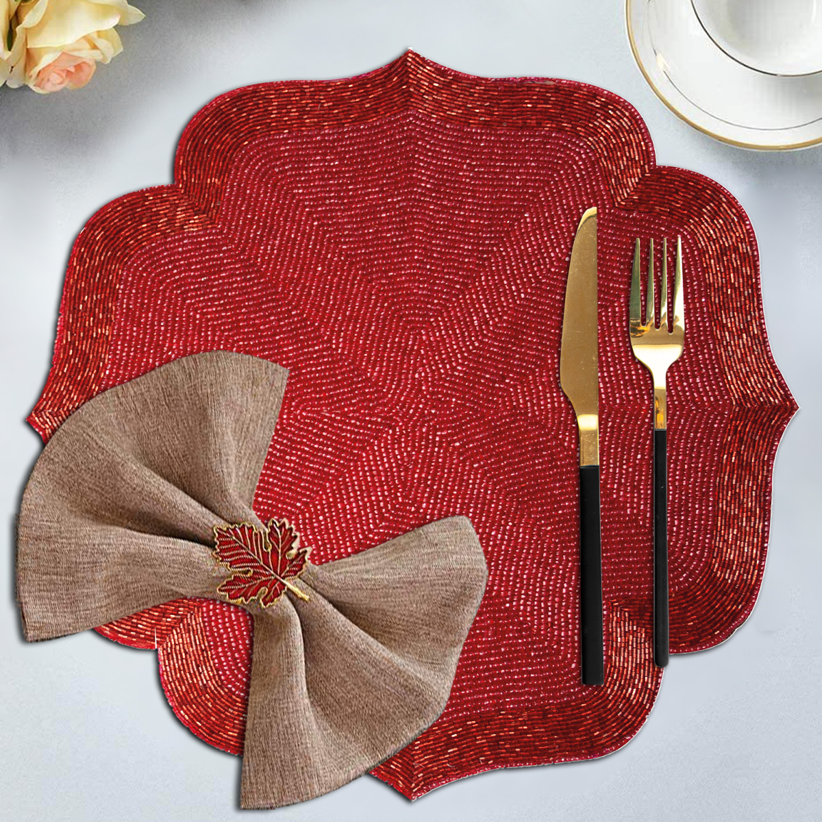 Red Beaded Placemats Set of 2 for Dining Coffee Table Scratch Heat