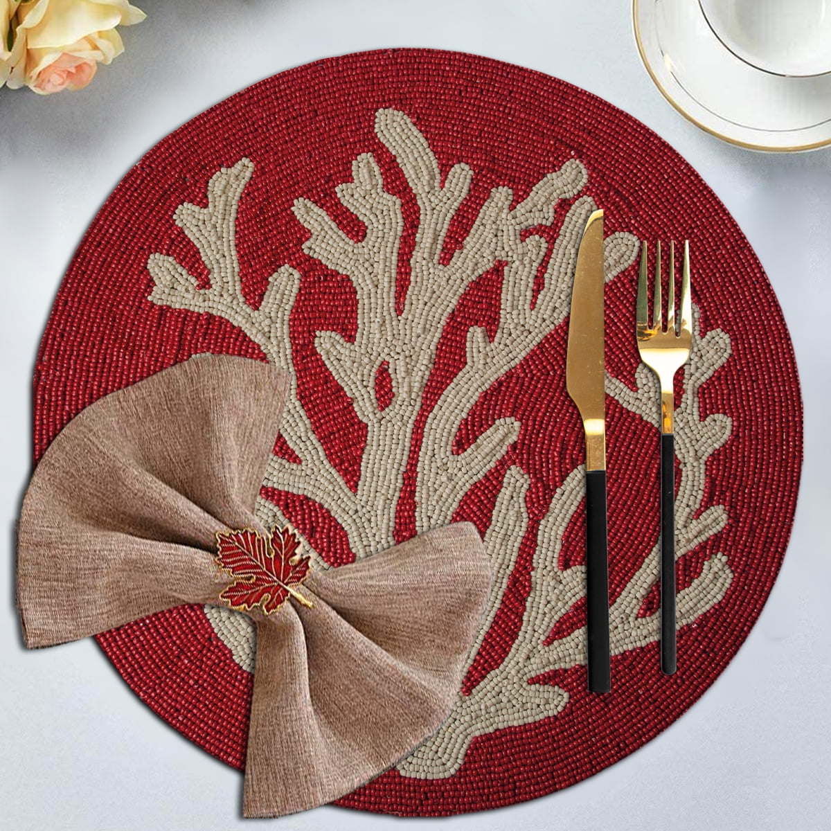 Red Beaded Placemats Set of 6 Coral Design for Dining Coffee Table