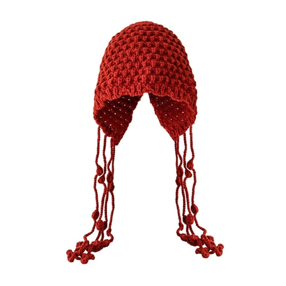 Red Beanie for Women, Women's Handmade Crochet Beanie Tassel Earflaps Knit Hat with Pom Pom, Falls Winter Outdoor Skull Cap Gifts for Her