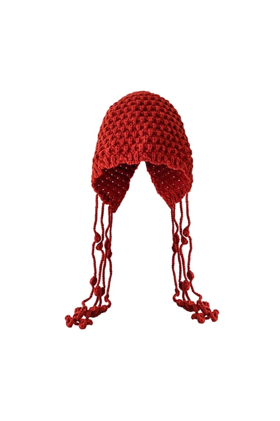 Red Beanie for Women, Women's Handmade Crochet Beanie Tassel Earflaps Knit Hat with Pom Pom, Falls Winter Outdoor Skull Cap Gifts for Her