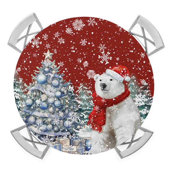 Red Bear Christmas Round Tablecloth for 36-44 Inch Tables, Fitted Table Cover with Elastic Edge, Xmas Tree Snowflake Waterproof Outdoor Table Cloth Protector for Patio Garden Dinner Picnic
