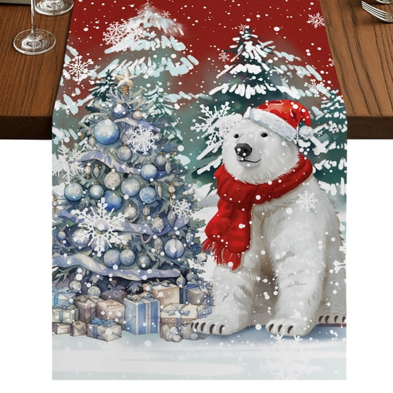 Red Bear Christmas Table Runner 70 Inches Long, Cotton Linen Table Runner Dresser Scarf, Xmas Tree Snowflake Fabric Tablerunners for Dining Coffee Tables Wedding Holiday Party 13"x70"