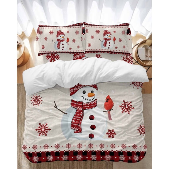 Red and Bedding Duvet Cover Set King Size 4 Pieces Black Plaid Border Christmas Snowman and Bird Bedding Set with Zipper Closure, 1 Comforter Cover 92x106 Inches 1 Flat Sheet & 2 Pillow Cases