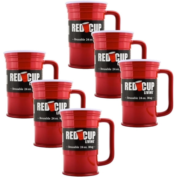 Red Beer Party Mug Glass Tumbler 6 Pack |Unbreakable Cups Beer Stein Reusable Drinking Supplies Birthday, Anniversary, Big Grip Tumbler Travel Outdoors | Dishwasher Safe Party Essentials