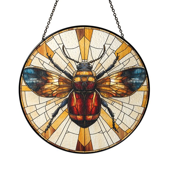 Red Beetle Stained Glass Suncatcher Window Hanging with Botanical Elements, Nature Inspired Insect Decor Accent for Bright Home Windows