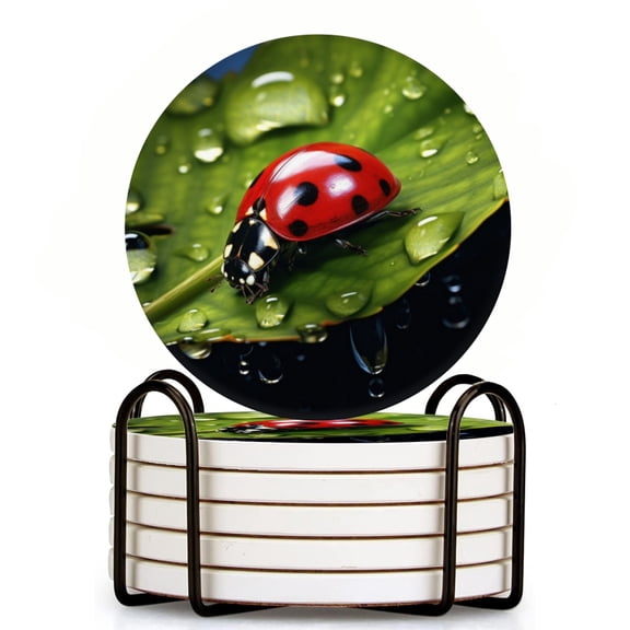 Red Beetle Was Standing On The Dripping Green Leaves Set of 6 Ceramic Coasters with Holder, Absorbent Drink Bar Coasters, Table Coasters for Living Room Decor Tabletop Protection