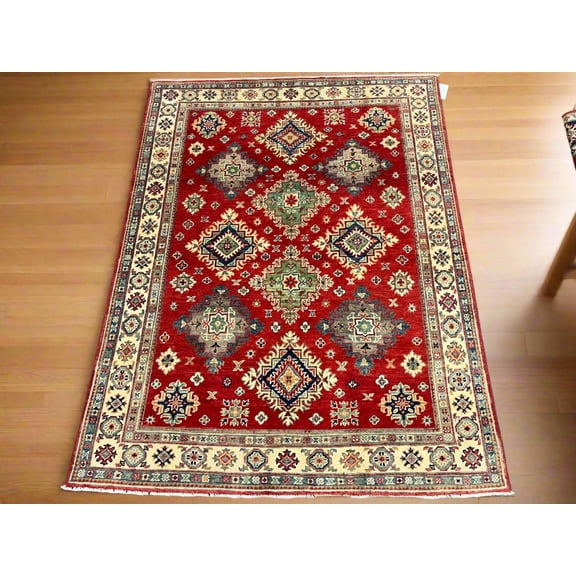 Red/Beige 5X7 Kazak Handmade Wool Rug # 13842
