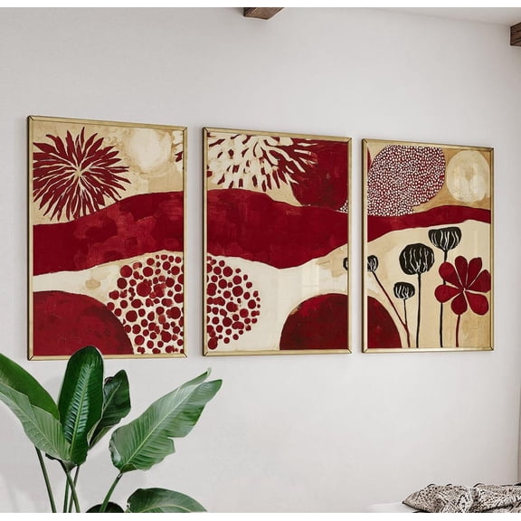 Red Beige Abstract Floral Modern Botanical Wall Art Minimalist Version Three Set 3 Stretched Canvas 8x12