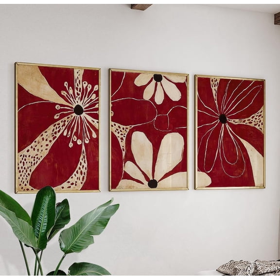 Red Beige Abstract Floral Wall Art Modern Botanical Prints Set 3 Stretched Canvas 8x12