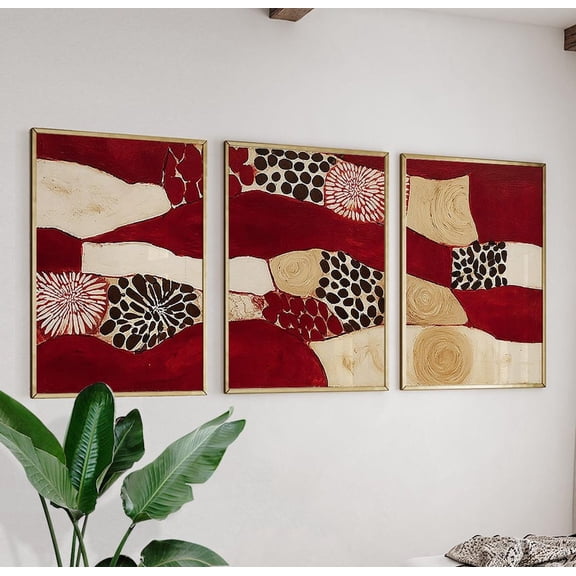 Red Beige Abstract Modern Organic Botanical Wall Art Set 3 Stretched Canvas 12x18