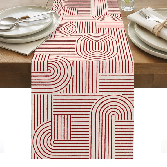 Red Beige Arches Cotton Linen Table Runner Abstract Modern Minimalist Curves Line Geometric Dining Table Runners for Home Decor Party Dining Room Restaurant Kitchen Party 13" x 60"
