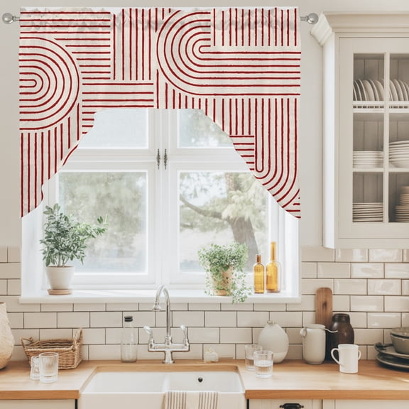 Red Beige Arches Swag Curtain Valance for Windows, Abstract Modern Minimalist Curves Line Geometric Swag Curtains Drapes Rod Pocket for Kitchen Bathroom Small Window, 1 Panel 56x36in