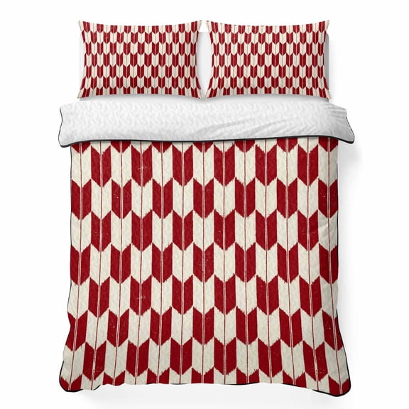 Red Beige Arrow 3 Piece Quilt Bedding Set with 2 Pillow Shams, Abstract Japanese Red Beige Arrow Lightweight Bedspread Coverlet, Soft Breathable All Season Quilt, 79 x 90 Inch