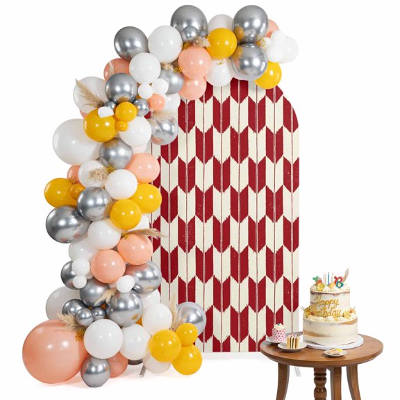 Red Beige Arrow Arch Backdrop Cover 4FT Abstract Japanese Red Beige Arrow Spandex Fitted Arch Covers Stretchy Backdrop Decoration for Wedding Birthday Graduation Party
