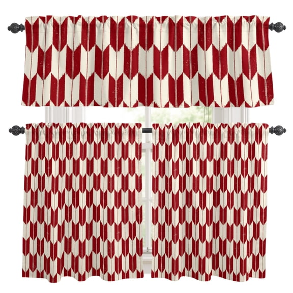 Red Beige Arrow Kitchen Curtains Set for Windows, Abstract Japanese Red Beige Arrow Curtains Valance and Tier 3 Piece Set Small Drapes 24 Inch Length for Kitchen Bedroom Decor