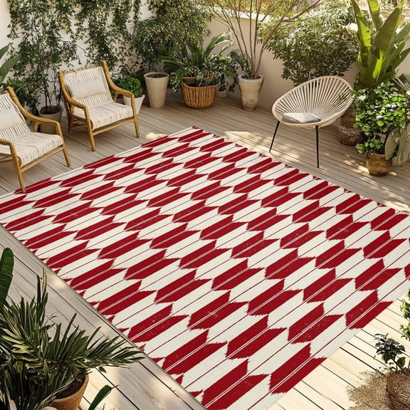 Red Beige Arrow Outdoor Rug 5x7 ft Abstract Japanese Red Beige Arrow Non Slip Patio Rug Washable Absorbent Large Outdoor Carpet Outside Mat for Porch RV Garden Camping