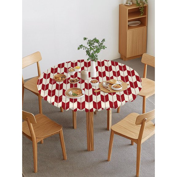 Red Beige Arrow Round Fitted Tablecloth with Elastic Edge, Abstract Japanese Red Beige Arrow Waterproof Stretch Table Covers for 36"-44" Tables Wipeable Table Cloth for Outdoor