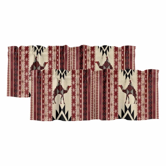 Red Beige Boho Curtain Valances for Windows, Kitchen Valance Window Treatments Panel 2 Pack, Vintage Abstract Art Ethnic Tribe Rod Pocket Short Curtains for Bathroom Bedroom 60 x 18 Inch
